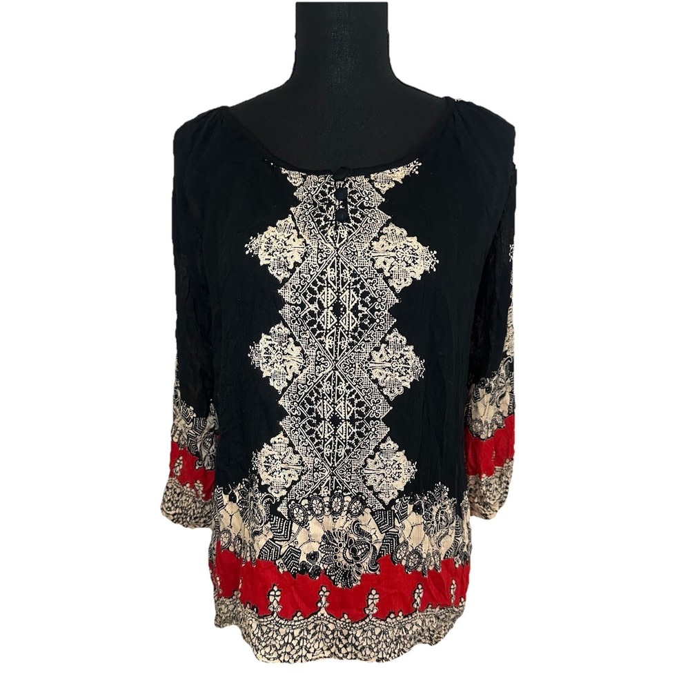 Angie Women LARGE Boho Fairy Whimsigoth Hippie Artsy 3/4 Sleeve Blouse Geometric